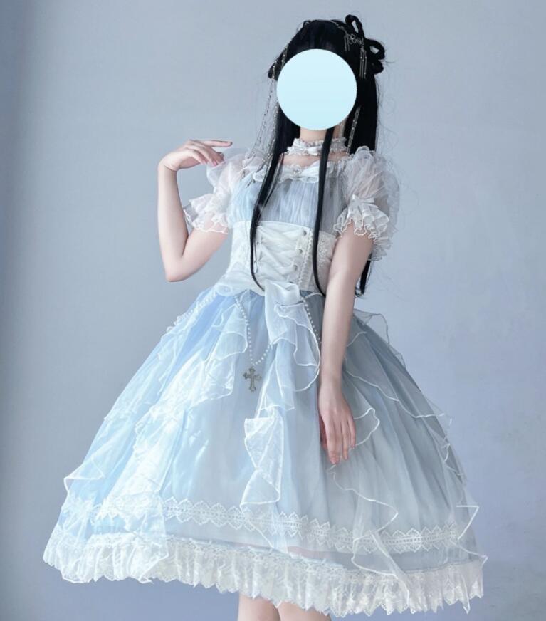 ロリータ ワンピース 甘ロリー ロリータ服 半袖 膝丈 ショート丈 ロリィタ Lolita お姫様 茶話会 プリンセスドレス フリル コスチューム ブルー ゴスロリ 学園祭 リボン 通販激安 可愛い 文化祭 ロリータファション チュール スイート系 送料無料 コスプレ衣装 レース