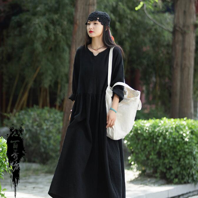 ワンピース ロング丈 綿麻ワンピース チェニック 長袖 リネン ワンピース ゆったり...
