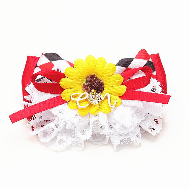 きゃんナナ 犬 リボン 夏 アクセサリー CanNana 【きゃんナナ】ダイヤチェックひまわりバレッタリボン 猫 ribbon レッド ブラックの商品画像 2