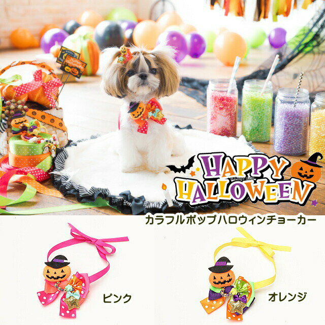 犬 猫 ハロウィーン チョーカー きゃんナナ キャンナナ CANNANA カラフルポップハロウィンチョーカー HNR-3204 Halloween アクセサリー ゴースト ピンク オレンジ 小型犬 シーズ イベント パーティ