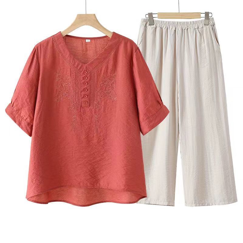 上下セット リネンブラウス ガウチョパンツ トップス ワイドパンツ チュニック フレアパンツ レディース Vネック 刺繍 半袖 ナチュラル ガーゼ Tシャツ プルオーバー 綿麻 大きいサイズ 8 分丈 エレガント無地 着痩せ カットソー おしゃれ 通勤 オフィス 旅行 春夏秋