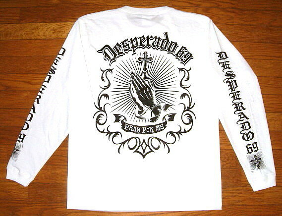 Rakuten - 【DESPERADO 69 デスペラード69】 ヘビーオンス コットン生地 メキシカン チカーノ柄 長袖 Tシャツ ≪PRAY HAND プレイハンド≫ (ホワイト×ブラック) 白 ロングスリーブ ホットロッド バイカー ローライダー 祈り手 プレイングハンド プレイングハンズ 聖母マリア 聖書 旧