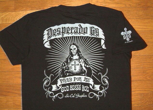 【DESPERADO 69 デスペラード69】 ヘビーオンス コットン生地 メキシカン チカーノ柄 半袖 Tシャツ ≪JESUS SKULL ジーザス スカル≫ (BLACK×CHARCOAL) バイカー ローライダー イエス キリスト ジーザス クライスト クロス 十字架 聖母 マリア ブラック 黒 グレー 灰 メンズ