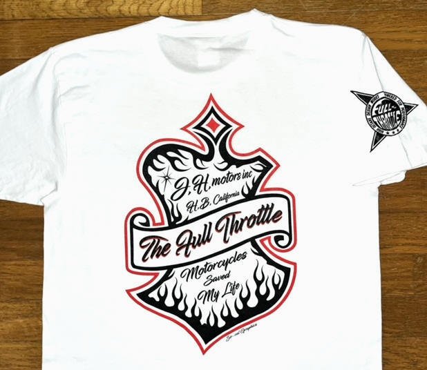 【FULL THROTTLE フルスロットル】 ヘビーオンス コットン生地 ピンストライプ バイカー 柄 半袖 Tシャツ ≪FLAMS LEAF EMBLEM≫ (ホワイト×レッド) ハーレーダビッドソン リーフ エンブレム フレイムス ファイヤーパターン 白 赤 チップスカンパニー ムーンアイズ