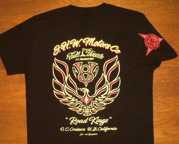 【FULL THROTTLE フルスロットル】 ヘビーオンス コットン生地 ピンストライプ バイカー 柄 半袖 Tシャツ ≪ROAD KINGS (ファイヤーバード)≫ (ブラック×イエロー レッド) ファイアーバード ポンティアック トランザム フォード カマロ ホットロッド マッスルカー 黄 赤 黒