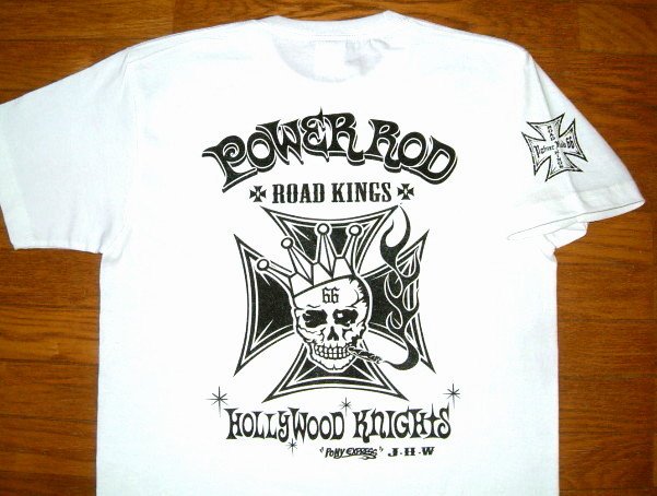 【POWERROD 66 パワーロッド66】 ヘビーオンス コットン生地 ホットロッド柄 半袖 Tシャツ ≪ROAD KINGS (スカル＆アイアンクロス)≫ (ホワイト×ブラック) スカル アイアンクロス ピンストライプ バイカー ローライダー チカーノ 白 黒 ムーンアイズ バンソン ムーンアイズ