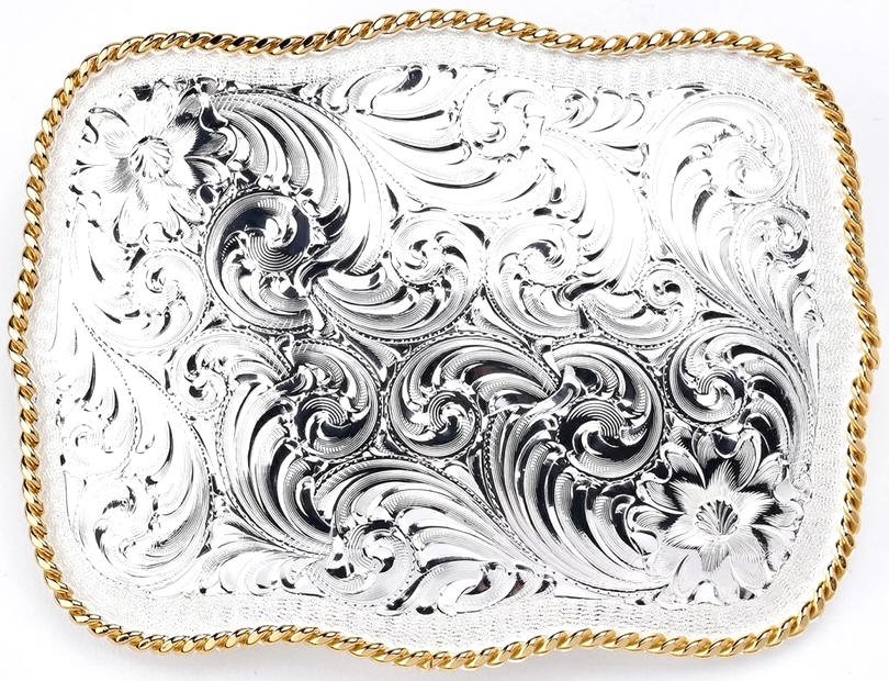 貴重な【MADE IN USA アメリカ製】 【MONTANA SILVER SMITHS モンタナ シルバースミス】 ジャーマンシルバー製 両面 エングレーブ 唐草模様 ロープウェッジ 大型 スクエア型 ウェスタン トロフィーバックル ベルト FUNNY ファニー クラフト 彫刻 カービング トニーラマ