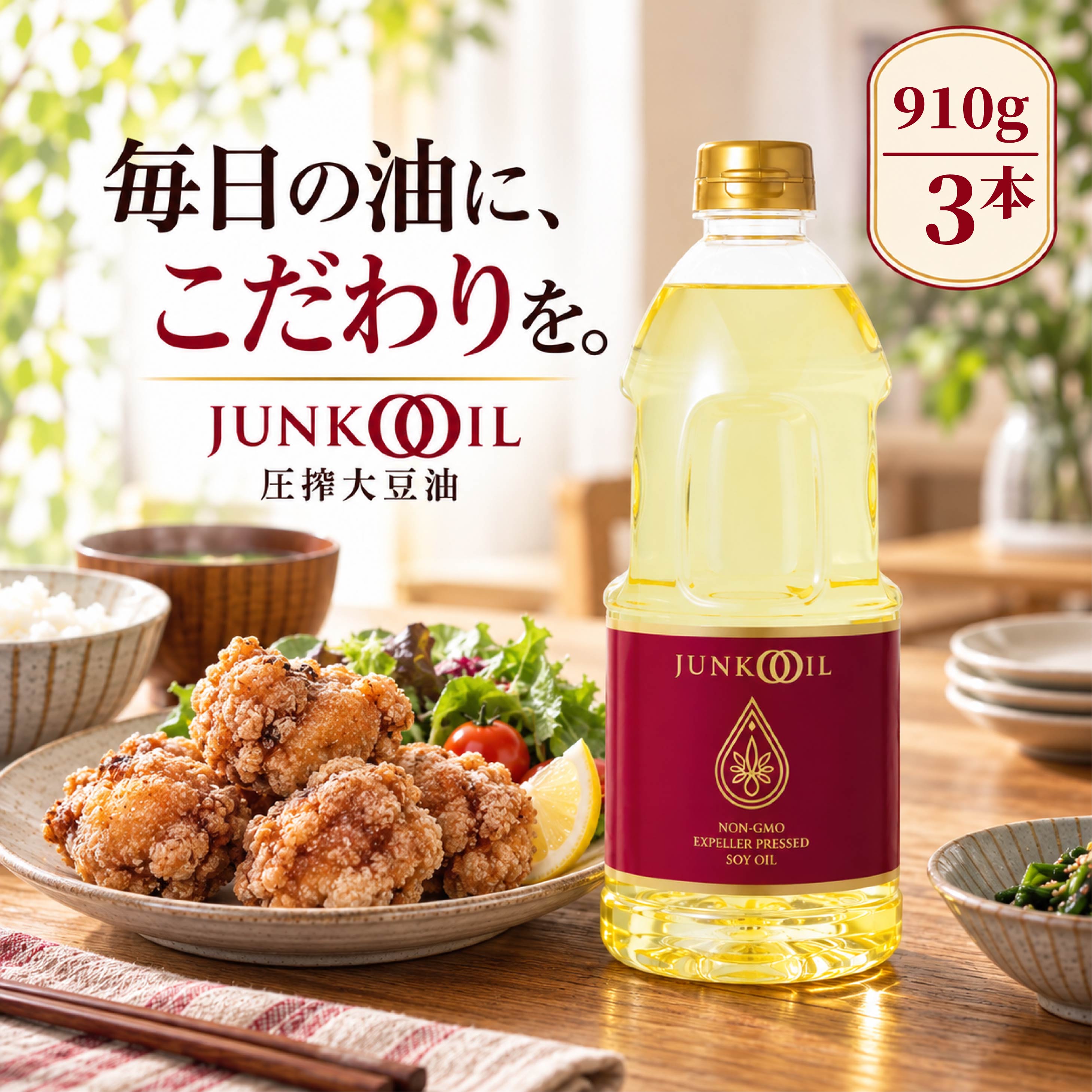ジュンコオイル 910g 3本セット 食用油 敬老の日のプレゼント 圧搾 大豆油 オメガ3 ex バージンオイル 万能調味料 油 長持ち エキストラバージンオイル まとめ買い 有機 万能油 大容量 無添加 揚げ油 健康オイル オーガニック 炒め油