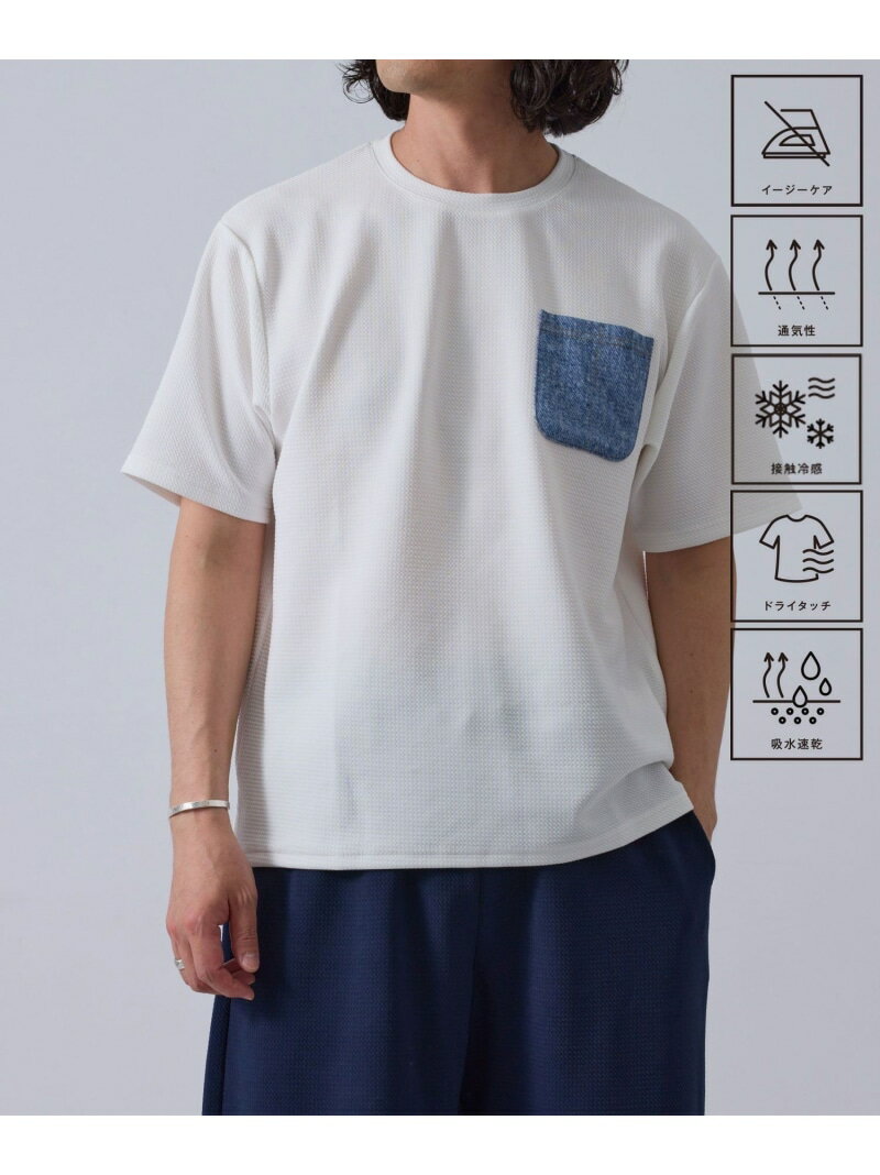 ウェーブワッフルポケット付きTシャツ/セットアップ対応/接触冷感/吸水速乾/イージーケア j.n.r.d ジュンレッド トップス カットソー・Tシャツ グレー ネイビー ホワイト[Rakuten Fashion]