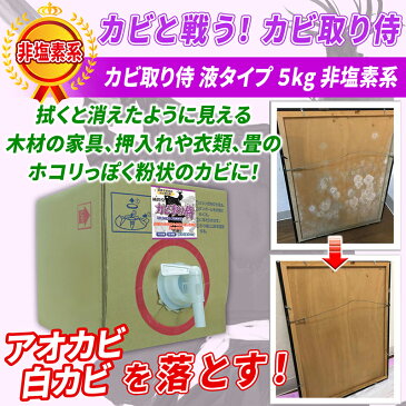 カビ カビ取り 粉カビ用 カビ取り侍 液タイプ 5kg 非塩素タイプ/木製の窓枠 白木 無垢材 合板 押入れ 物置 地下室 フローリング 床の木部 和室の畳など湿度 湿気 結露でカビ臭を出すアオカビ 黒カビをソフトに除去する非塩素系 カビ取りクリーナー/詰め替え用/大容量5000g