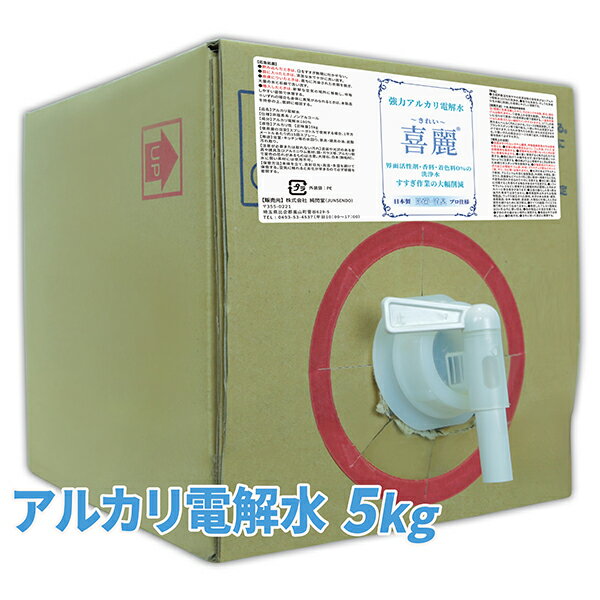 強力 アルカリ電解水 喜麗（KIREI）5kg /ノンアルコールで非塩素系 界面活性剤不使用の純水で製造した水の洗浄剤 /風呂 キッチン トイレの油汚れ 皮脂 垢などを溶かして除菌 消臭 /50倍まで希釈できて多目的に使えるアルカリイオン電解水のエコな洗剤で掃除 /KIREI-D5000