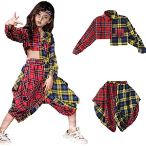 部分即納 キッズ ダンス衣装 ヒップホップ セットアップ へそ出し 女の子HIPHOP 子供 ギンガム シャツ ワイドパンツ チアガール チアダンス　ジャズダンス ステージ衣装 練習着 体操服 【endsale_18】