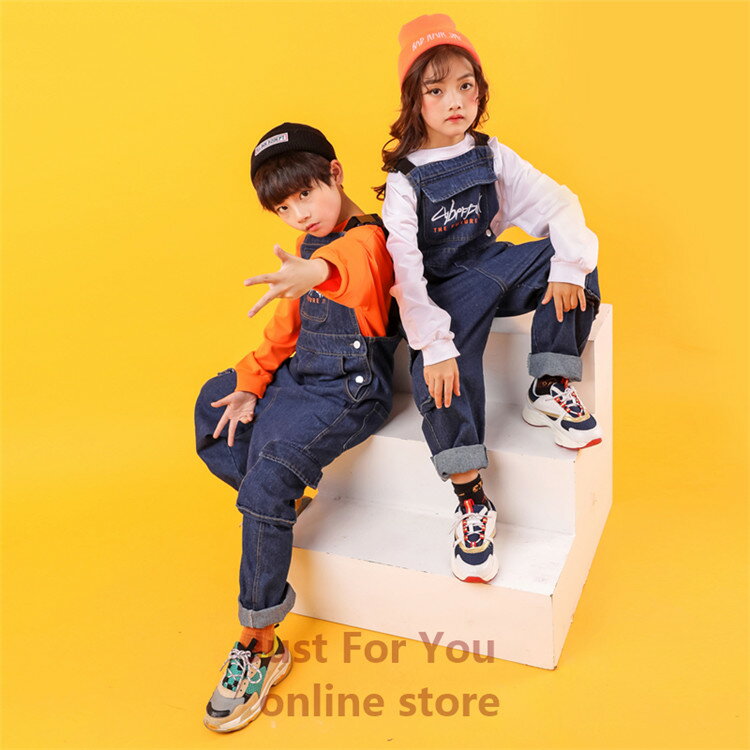 キッズダンス衣装子供服ヒップホップオーバーオール子供サロペットHIPHOPデニムパンツ子供パンツ長ズボンキッズボトムス練習着韓国風体操服ジャズダンスJAZZダンスウエア