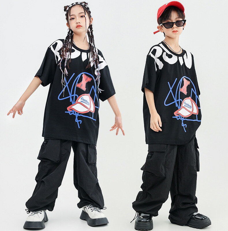 ［夏・新品］キッズダンス衣装 HIPHOP 子供服 半袖 シャツ トップス パンツ 女の子 男の子 ブラック チアガール 練習着 演出服 ジャズダンス 韓国 演奏会 派手 ストリート B系 原宿系 ステージ衣装 レッスン ダンスウェア 発表会 応援団 舞台服 人気 舞台効果抜群 110～180 3