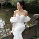 ウェディングドレス ハイウエスト 二次会 結婚式 花嫁 オフショルダー レース ブライダル 演奏会 披露宴 ロング ウエディングドレス 発表会 コンサート 大き...
