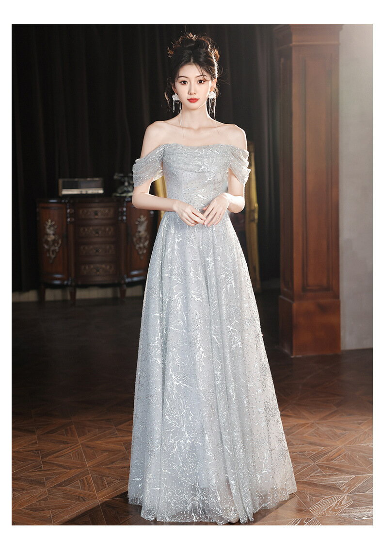 シルバーグレー パーティードレス カラードレス キラキラ 韓国 ピアノ発表会 ドレス 大人 発表会 カクテルドレス ロング ドレス 演奏会 パーティー 成人式 同窓会 二次会 花嫁 シースルーレース レディース ワンピース お呼ばれ 披露宴