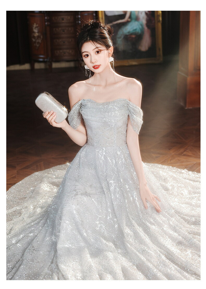 シルバーグレー パーティードレス カラードレス キラキラ 韓国 ピアノ発表会 ドレス 大人 発表会 カクテルドレス ロング ドレス 演奏会 パーティー 成人式 同窓会 二次会 花嫁 シースルーレース レディース ワンピース お呼ばれ 披露宴