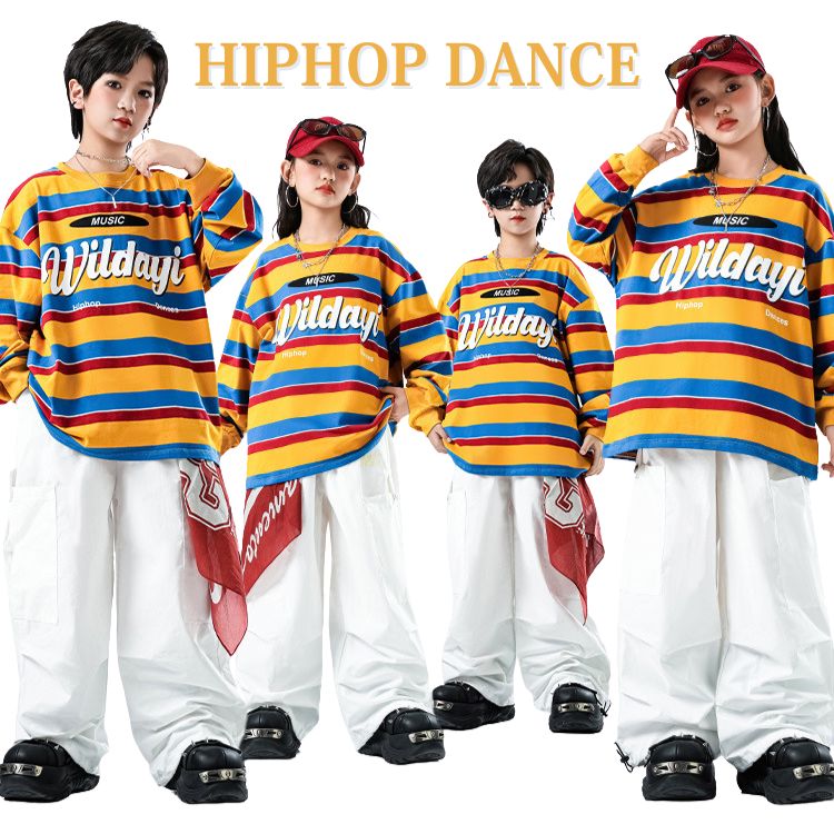 黄色 白 イエロー ホワイト トップス トレーナー ボーダー柄 横縞 カラフル 長パンツ キッズ ダンス セットアップ 韓国 k-pop ヒップホップ 男の子 女の子 ギャル かっこいい カジュアル 子供服 ステージ衣装 jazz ジャズダンス 団体服 練習着 演出服 原宿系 110-180cm