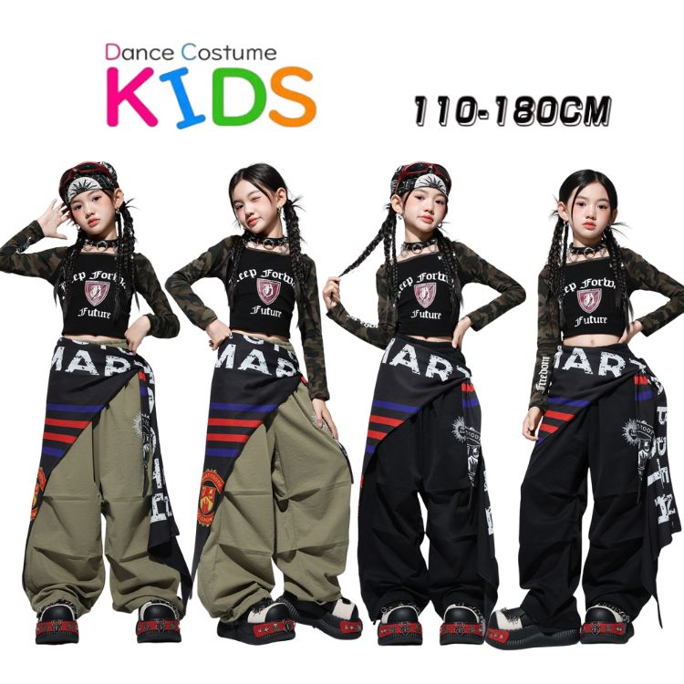 カーキ 緑 黒 トップス トレーナー 迷彩柄 長パンツ 迷彩パンツ へそ出し 長袖 キッズ ダンス セットア..