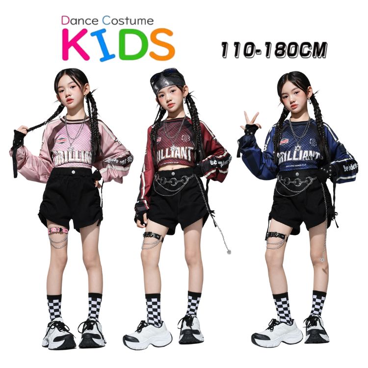 ピンク ブルー レッド トップス レーシング服 バイク風 スウェット 短パンツ 長袖 キッズ ダンス セッ..
