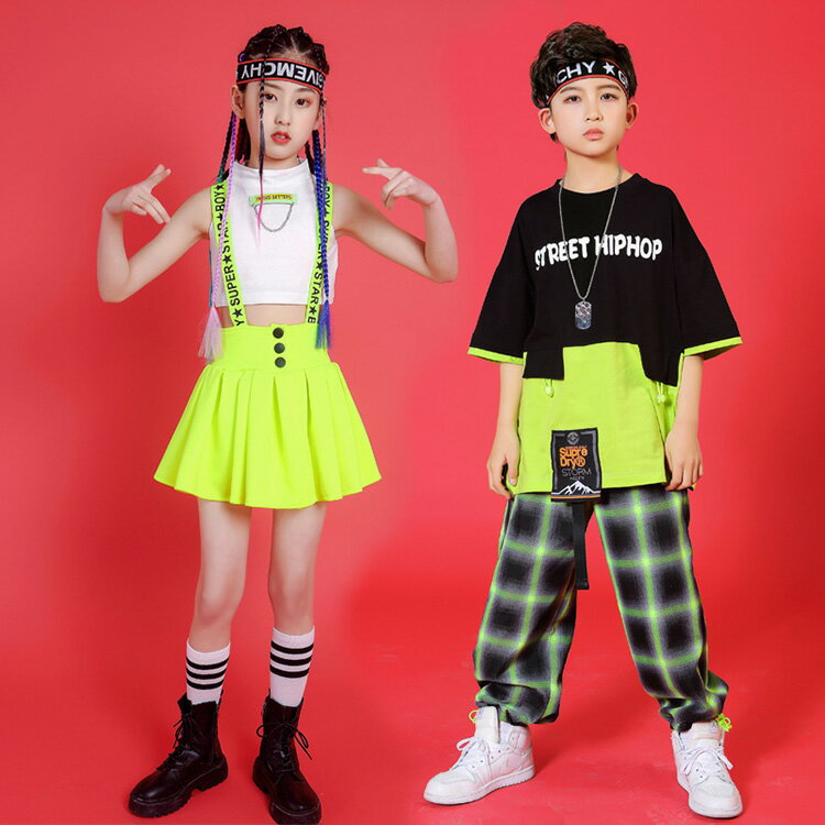 セットアップ キッズ ダンス 衣装 ヒップホップ へそ出し サロペット スカート hiphop チア チアガール 女の子 男の子 ネオンカラー ダンス衣装 おしゃれ ジャズ ダンスウェア ジュニア