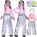 光沢 ピンク シルバー へそ出しシャツ 子供服 セットアップ キッズ ダンス衣装 ヒップホップ 女の子 長袖 トップス カーゴパンツ かっこいい ジャズ B系 韓国 k-pop チアリーダー 応援団 演出服 団体服 練習着 ダンスウェア hiphop 発表会 舞台服 110-180cm