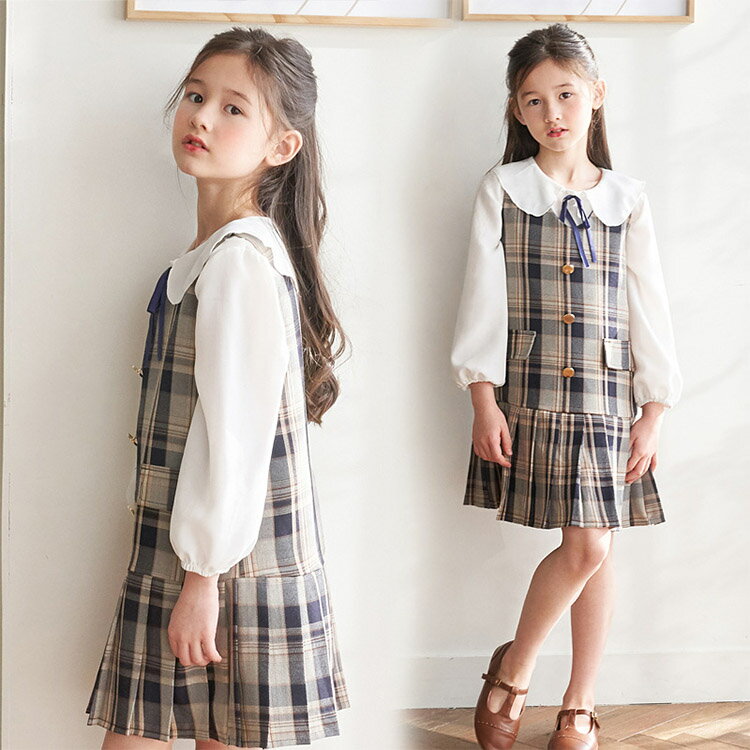 ワンピース キッズ 子供服 女の子 春服 長袖 シャツ + ワンピース 2点セット 子供ドレス 子ども服 ベビー服 キッズワ…