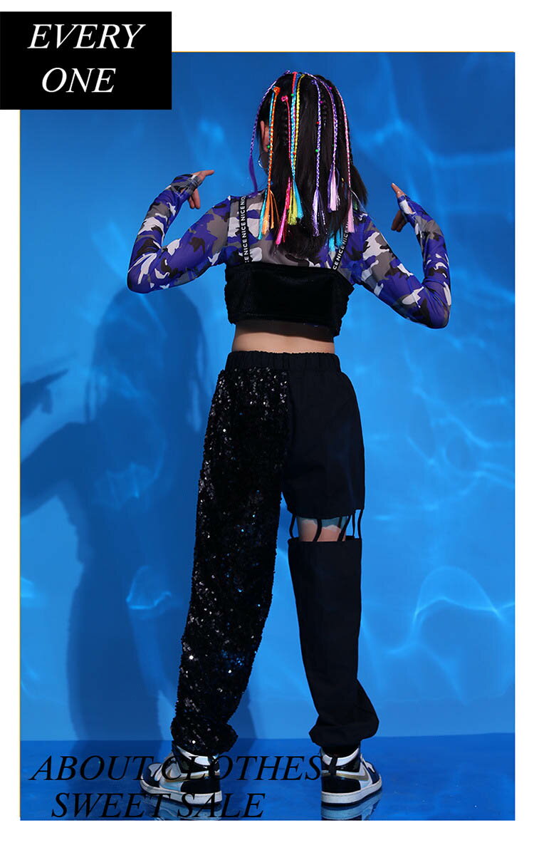 キッズダンス衣装ヒップホップへそ出しガールズキラキラ原宿系スパンコールタンクトップtシャツロングパンツ派手ダンス衣装子供服