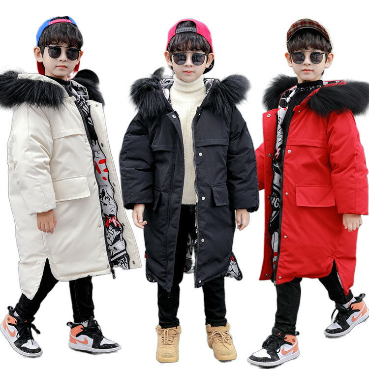 3色 ロング丈 ダウンジャケット ダウンコート キッズ 男の子 フード付き 中綿コート アウター 韓国こども服 冬 防風 暖かい ファッション 原宿風 ゆったり...