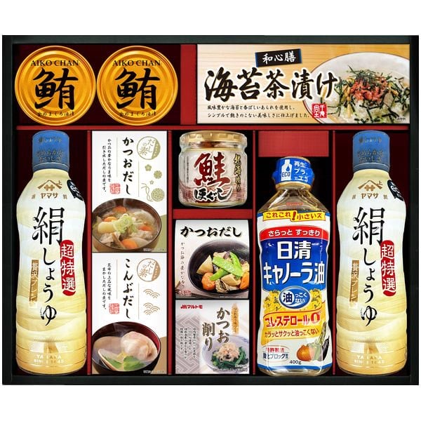 【香典返し 送料無料】 ヤマサ 調味料 ギフト 醤油 絹しょうゆ 鰹節 出汁 食用油 瓶詰 缶詰 お茶漬け セット 詰め合わせ バラエティ 料理 食品 引き出物 四十九日 引出物 お返し 喪中 法事 お供え物 満中陰志 忌明け 49日 挨拶状 粗供養 品物 お礼 KI-70R2 (6)