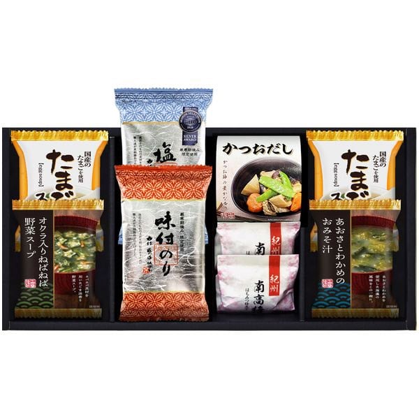 ●商品名/海苔食べくらべ バラエティセット YU-252 (15)●商品内容/味付のり(8切6枚)、有明海産塩のり(8切6枚)、シーラックかつおだし(4g×3)、紀州南高梅×2、たまごスープ(6.4g)×2、オクラ入ねばねば野菜スープ、あおさとわかめのおみそ汁●箱サイズ/約15.2×29.8×7.7cm●重量/330g●賞味期限/製造日より360日●生産国/日本●アレルゲン/乳・小麦・卵・えび(大豆・豚肉・りんご・鶏肉・ゼラチン・ごま)※メーカー都合により、デザイン・内容等が変更になる場合がございます。 香典返し専門店 ジャストハートのオンラインショッピング(通信販売)では、香典返しで先様に喜ばれるこだわりのギフトを多数ご用意しております。 今人気のカタログギフトやお買い得商品も多数掲載。数量限定の最大60%OFF商品もございます。のし紙や包装紙など豊富なギフトオプションをご選択可能。企業・法人様の大量注文にも丁寧にご対応させて頂きます。年賀欠礼の喪中ハガキや法要案内ハガキなどの無料印刷サービスや香典帳や名簿の整理も大変便利でお得です。香典返し以外にも様々な用途にご対応いたしますので、何なりとお尋ね下さい。