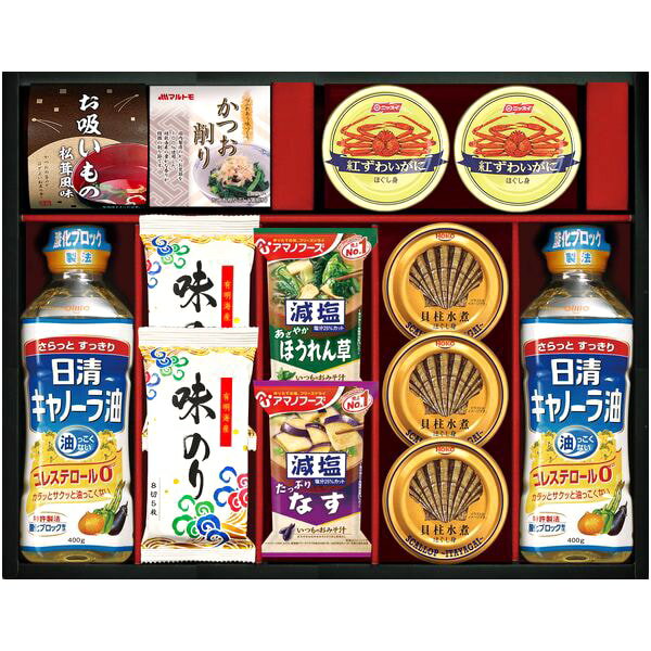 【香典返し 送料無料】 調味料 ギフト 食用油 日清オイリオ & アマノフーズ みそ汁 キッコーマン 醤油 味付け海苔 缶詰 セット 詰め合わせ 惣菜 常温 食品 引き出物 四十九日 引出物 お返し 喪中 法事 お供え物 満中陰志 忌明け 49日 挨拶状 粗供養 品物 お礼 CA-100