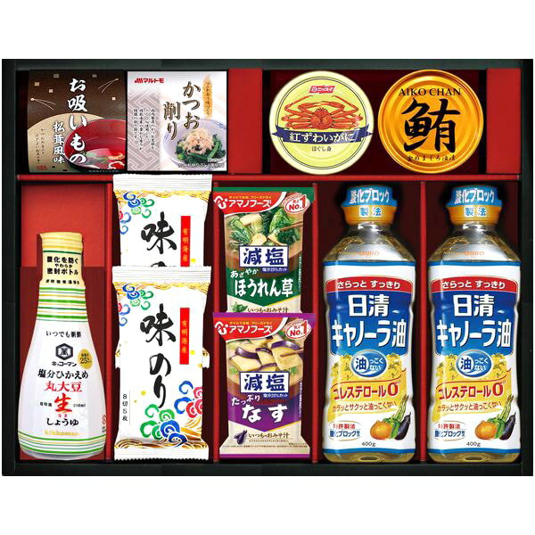 【香典返し 送料無料】 日清オイリオ 調味料 ギフト 油 キッコーマン 醤油 アマノフーズ フリーズドライ 味噌汁 缶詰 セット 詰め合わせ 惣菜 食品 引き出物 四十九日 引出物 お返し 喪中 法事 お供え物 満中陰志 忌明け 49日 挨拶状 粗供養 品物 お礼 CA-70