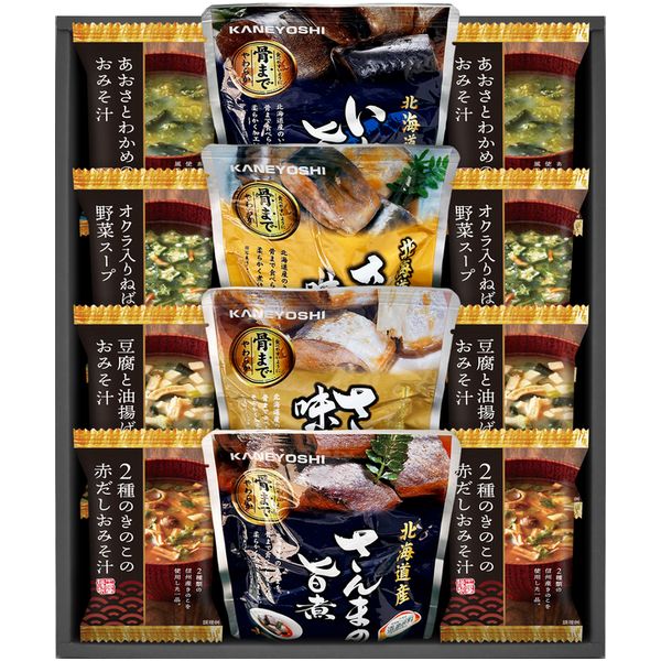Rakuten - 【香典返し 送料無料】 惣菜 ギフト 海鮮 北海道産 魚の煮付け レトルト 4種 フリーズドライ 味噌汁 セット 詰め合わせ おかず おつまみ 食品 引き出物 四十九日 引出物 お返し 喪中 法事 お供え物 満中陰志 忌明け 49日 挨拶状 粗供養 品物 お礼 KYFD-501