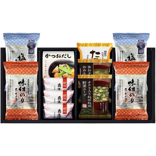 Rakuten - 【香典返し 送料無料】 海苔 ギフト 味付け海苔 味付けのり 食べ比べ 梅干し 紀州南高梅 味噌汁 セット 詰め合わせ 惣菜 ご飯のお供 食品 引き出物 四十九日 引出物 お返し 喪中 法事 お供え物 満中陰志 忌明け 49日 挨拶状 粗供養 品物 お礼 YU-302