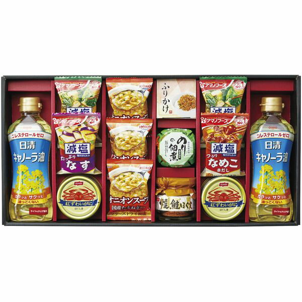 【香典返し 送料無料】 調味料 ギフト 日清オイリオ 食用油 海苔佃煮 食卓 セット 詰め合わせ フリーズドライ みそ汁 オニオンスープ 蟹缶 惣菜 食品 引き出物 四十九日 引出物 お返し 喪中 法事 お供え物 満中陰志 忌明け 49日 挨拶状 粗供養 品物 お礼 NA-HJ