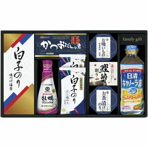 【香典返し 送料無料】 調味料 ギフト キッコーマン しょうゆ 白子のり 食卓 セット 詰め合わせ 牡蠣だし醤油 味付け海苔 食用油 だしの素 和風惣菜 食品 引き出物 四十九日 引出物 お返し 喪中 法事 お供え物 満中陰志 忌明け 49日 挨拶状 粗供養 品物 お礼 KSC-40E
