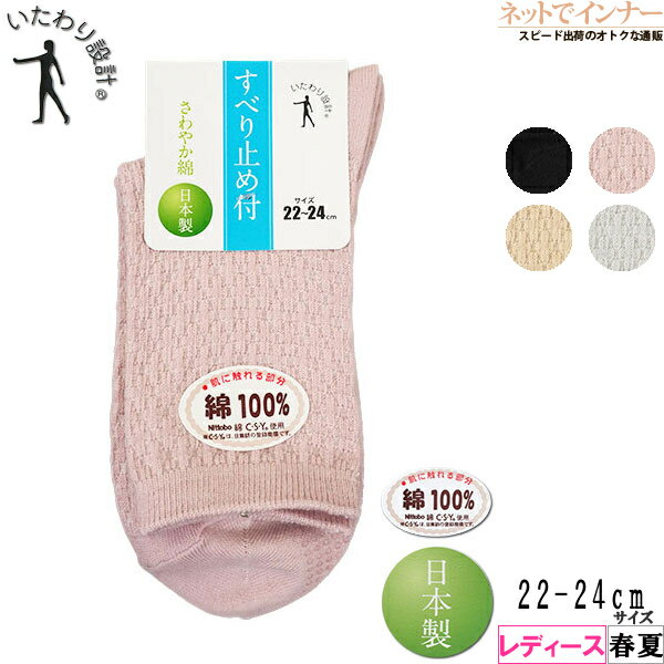 いたわり設計 レディース ソックス 滑り止め付き 織り柄 さわやか綿 春夏用 52248010[22-24サイズ]