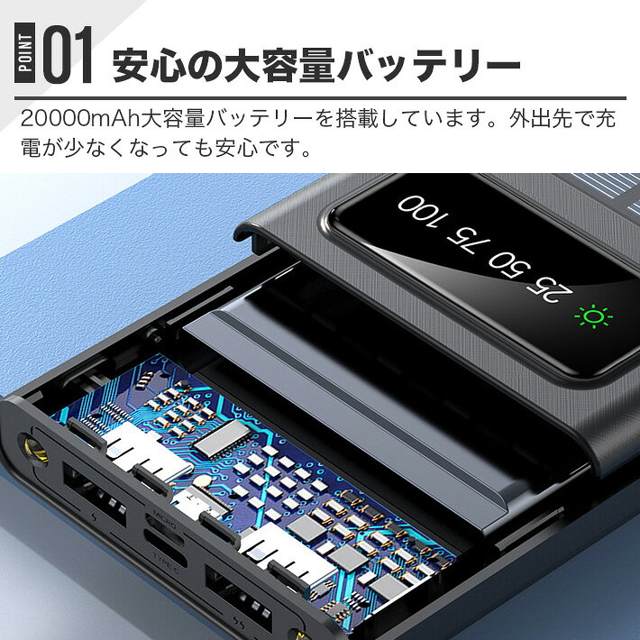 ソーラー充電 モバイルバッテリー 大容量 20000mAh 5台同時充電 LEDライト スマホ充電器 iPhone android 各種対応 PSE認証 充電器 アウトドア 防災ライト 地震対策 防災グッズ 黒 just-store-10001993 JUST STORE サンプル画像3