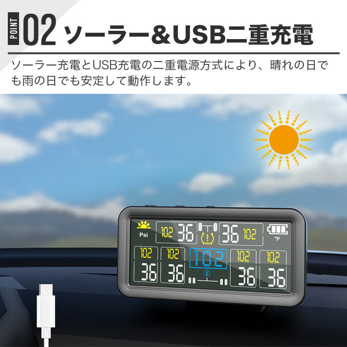 トラック用空気圧センサー Tpms ソーラー充電 6輪車用 タイヤ空気圧 車内温度表示 4インチモニター 0~9.9Bar/0~144Psi空気漏れチェック 漏出警報 高圧警報 高温警報 センサーの欠陥警報 リアルタイム警告 簡単取付 防水 日本語説明書 3