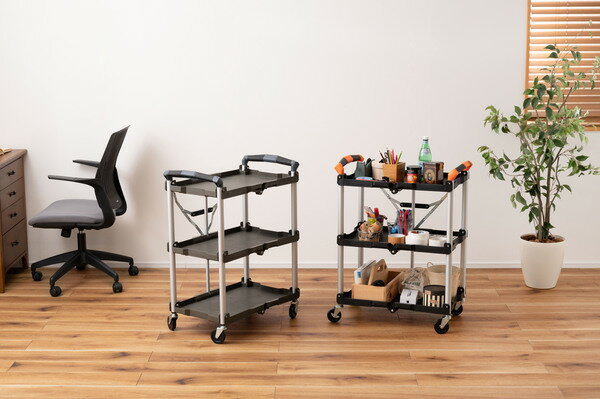 フォールディングワゴン WG-305BK サイドワゴン 収納 扉 棚 ラック スリム 薄型 ワイド 大容量 省スペ..