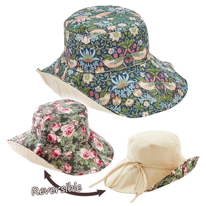 Rakuten - リバーシブルハット 帽子 レディース つば広 花柄 バラ柄 ボタニカル柄 植物 鳥 ローズ 無地 両面 ヒモ付 旅行 散歩 買い物 おしゃれ フリーサイズ 折り畳める
