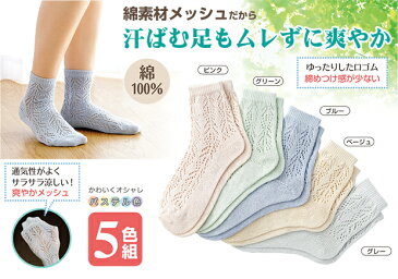 綿さわやかメッシュソックス5色組 ソックス レディース 綿メッシュソックス 綿メッシュ 靴下 セット くつ下 くつした メッシュ 女性用 婦人用 人気 春夏 パステルカラー フリーサイズ 快適【メール便可】