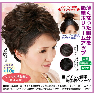パチッと簡単総手植ウィッグ 部分ウィッグ 部分かつら 前髪ウィッグ ヘアピース トップ つむじ 分け目 ショートヘアー ボリューム 手軽 簡単 耐熱 女性用 婦人用 ミセス お母さん おばあちゃん 白髪 薄毛