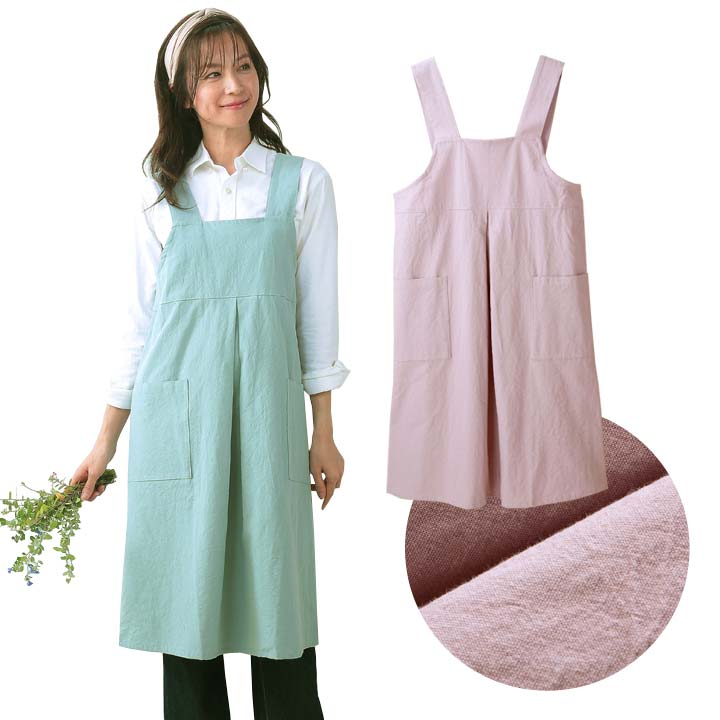 乐天商城 - 肩ひもタックエプロン H型 エプロン ワークエプロン シンプル タックギャザー 無地 かぶり 後ろボタン ロング丈 幅広肩ひも 使いやすい キッチン 家事 園芸 DIY