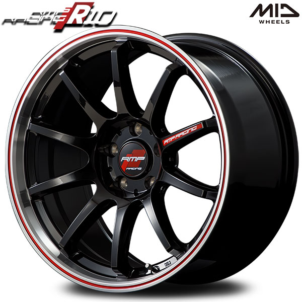 18インチ 9.5J 5H114.3 +22 MID RMP レーシング R10 クリスタルブラック/リムポリッシュ+レッド アルミホイール単品 1本 4本以上送料無料