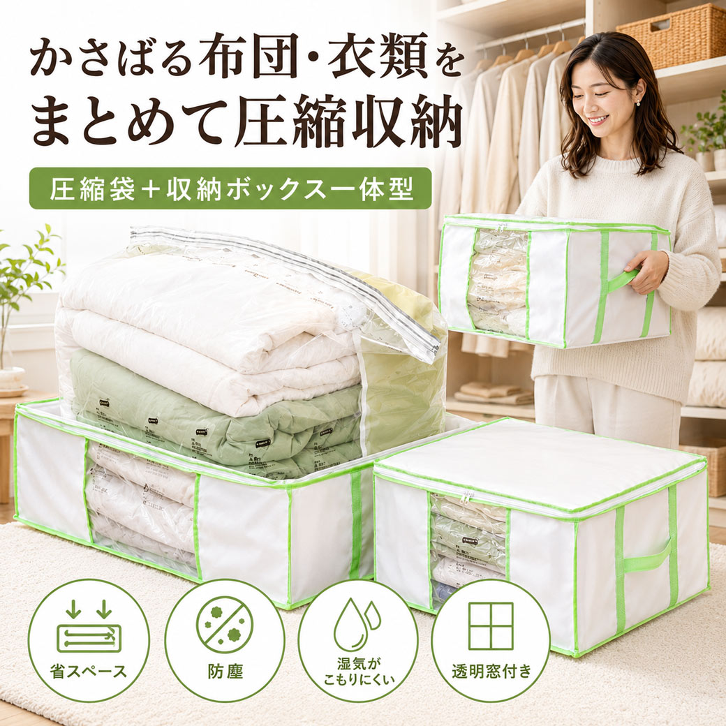 圧縮袋 収納ボックス 一体型 布団収納袋 衣類収納 圧縮収納ボックス 布団圧縮袋 収納ケース 大容量 透明窓付き 防塵 湿気対策 省スペース クローゼット 押入れ収納 衣替え 毛布 掛け布団 冬物衣類 収納袋 引っ越し 新生活