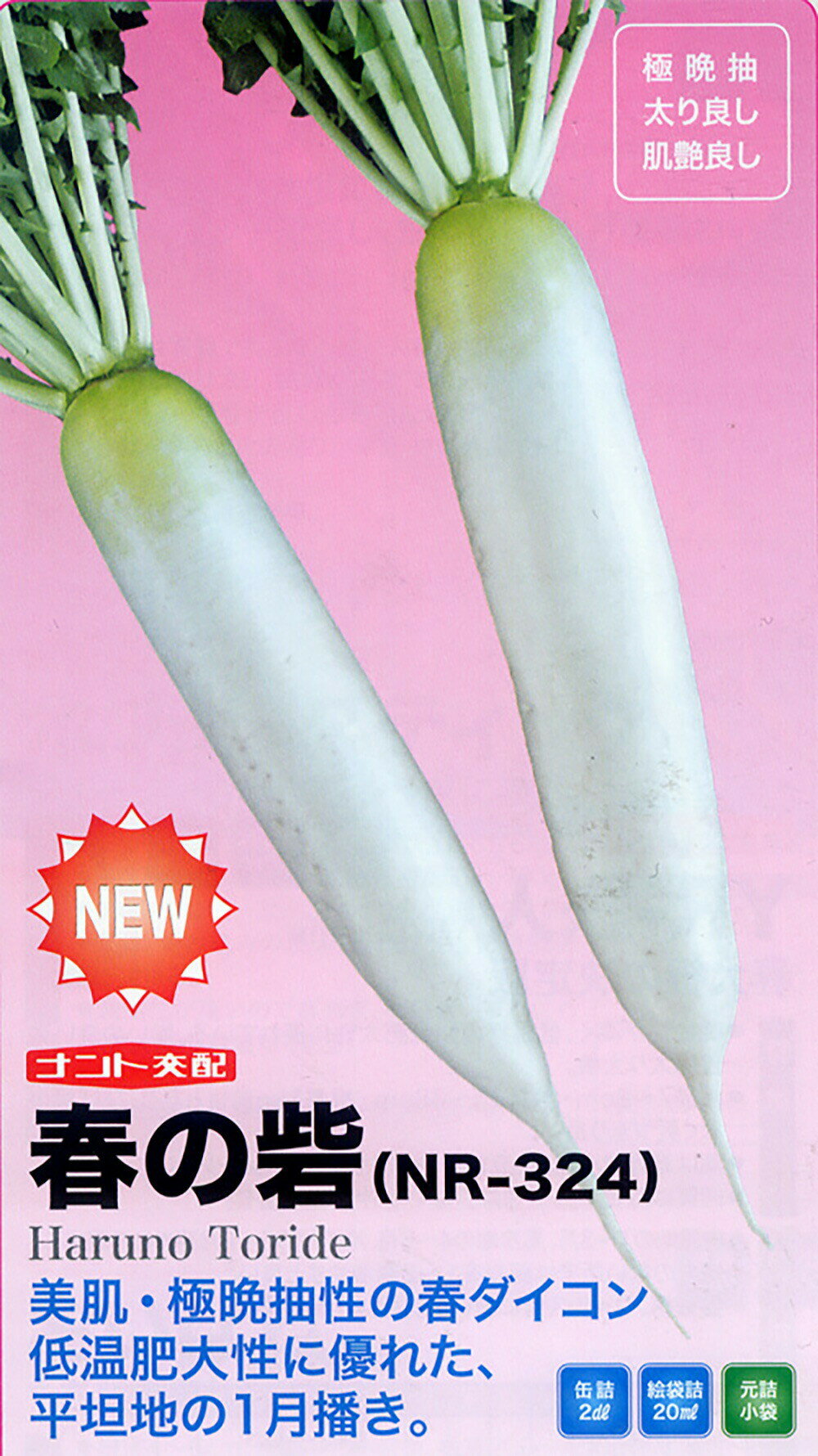 美肌・極晩抽性の春ダイコン。低温肥大性に優れた、平坦地の1月播き。