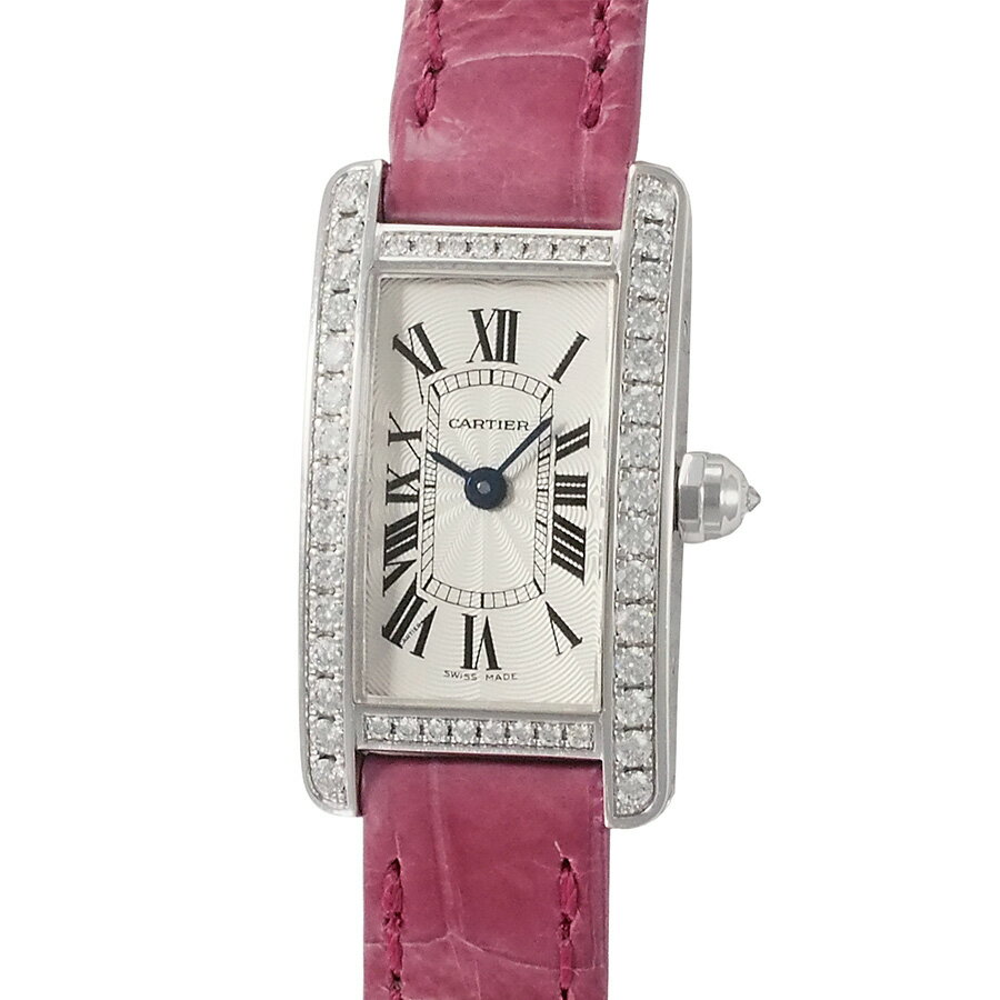 ブランドカルティエ Cartier商品名タンク アメリカン ミニ 純正ダイヤベゼル型番WB710015製造年—文字盤シルバー素材K18WG(裏蓋とバックルにAu750刻印)サイズケース：縦26mm×横15mm (ラグ含む/リューズ含まず)厚み：6mm腕周り：最大 約18cmベルト最大幅：1.0cm重量：33g(ベルト込み)ベルトピンク 革 (純正ベルト・純正バックル)駆動クオーツ付属品中箱(小傷、剥がれ、汚れ)、説明書、保証書(2015/1 並行)ランクA状態／備考ケース：スレ傷小ベルト：ヨレ2025年11月電池交換済6ヵ月保証付。※保証の対象はムーブメントの自然故障のみとなります。商品管理番号I5096【JS1836】