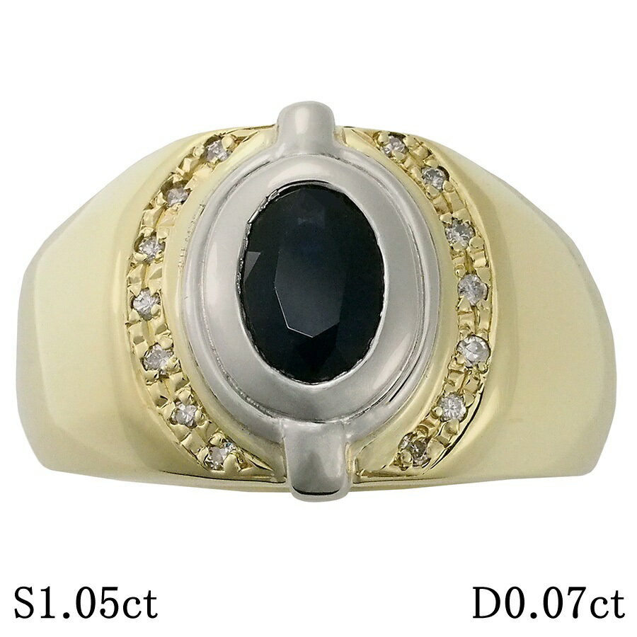 乐天商城 - サファイヤ/1.05ct ダイヤ/0.07ct 印台 メンズ リング K18YG Pt900 18.5号【中古】【JS1849】